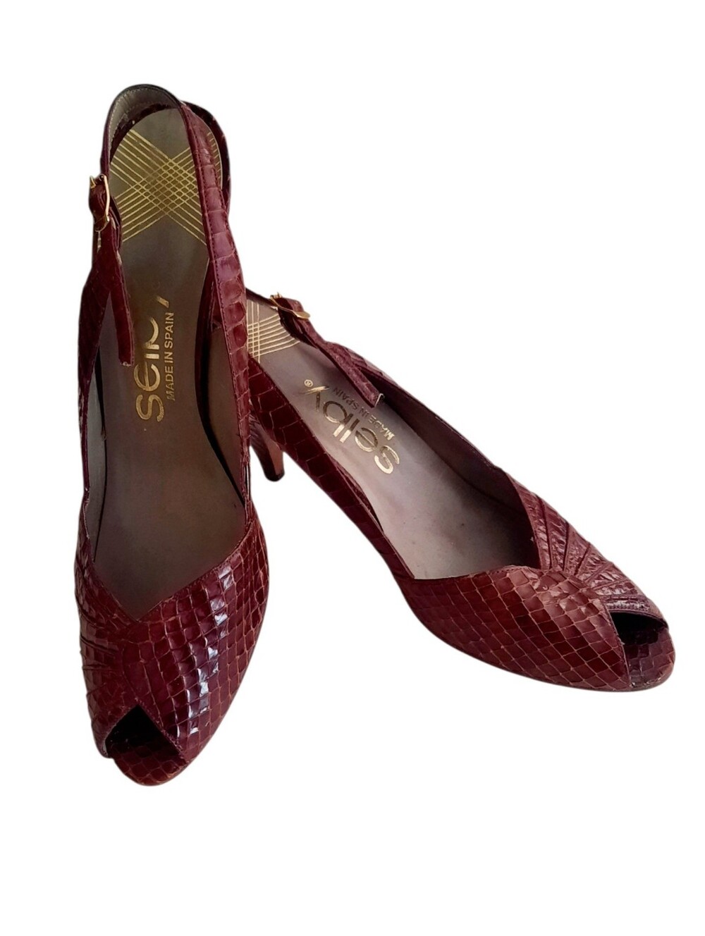 Vtg SELBY Wine Genuine Snakeskin Slingback Peep-Toe Heels Sz 7N Made In Spain
